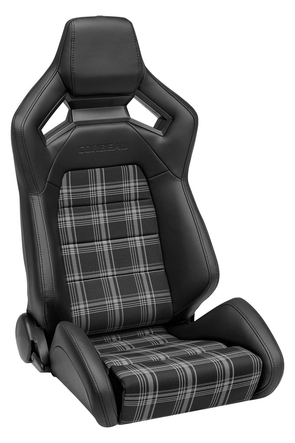 Corbeau Sportline RRX Reclining Seat Pair (Driver & Passenger) - Black Vinyl/White Plaid Cloth 55013PR